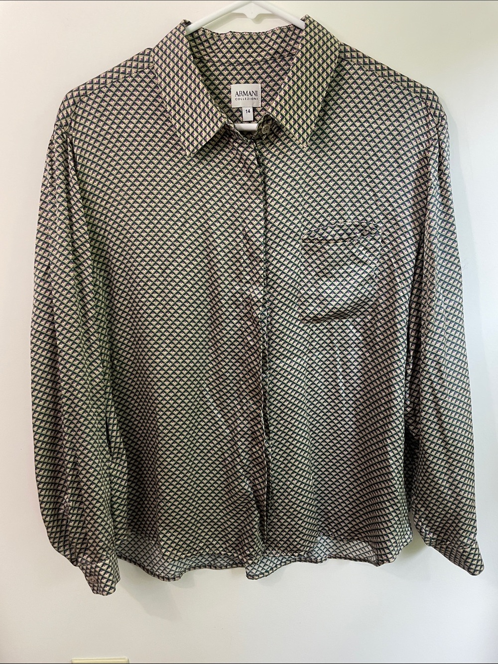Armani Collezioni Silk Geometric Print Button-Up Blouse Size 14